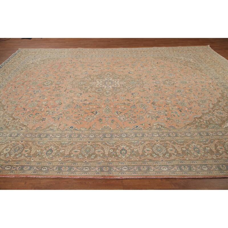 Hand Knotted Oriental 100% Wool Carpet Traditional Floral Coral Mashad Area Rug - 12' 6'' X 9' 7''