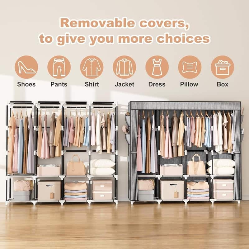 Portable Hanging Closet 67 Inches Wide, 4 Storage Shelves and 4 Hanging Rods for Bedroom Closets