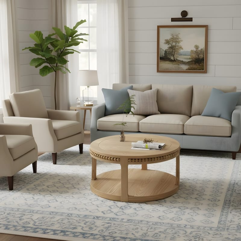 31.5 Inch Round Coffee Table for Living Room - Natural Wood