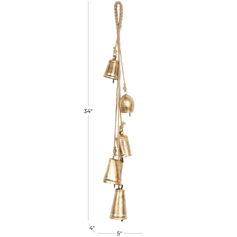 Gold Metal Tibetan Inspired Decorative Cow Bell with Jute Hanging Rope