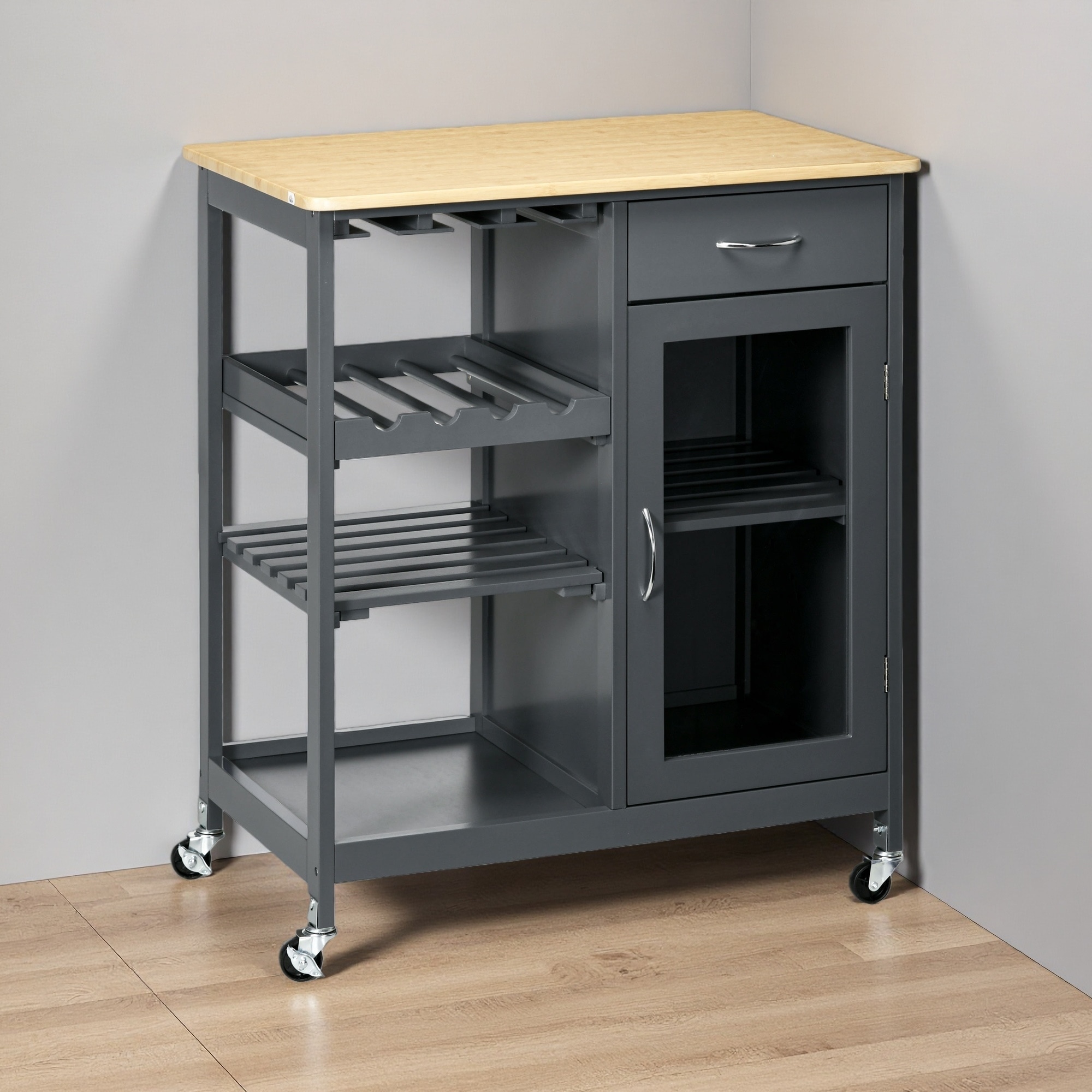 30" MDF Rolling Kitchen Island Cart with 4-Bottle Wine Rack, Stemware Holder, Drawer and Cabinet for Kitchen or Dining Room