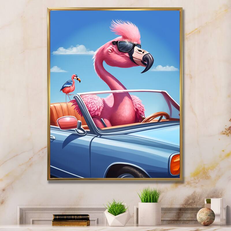 Designart "Pink Flamingo Wearing Sunglasses In Sportscar" Animals Flamingo Framed Canvas Art Print - 12 in. wide x 20 in. high - Gold