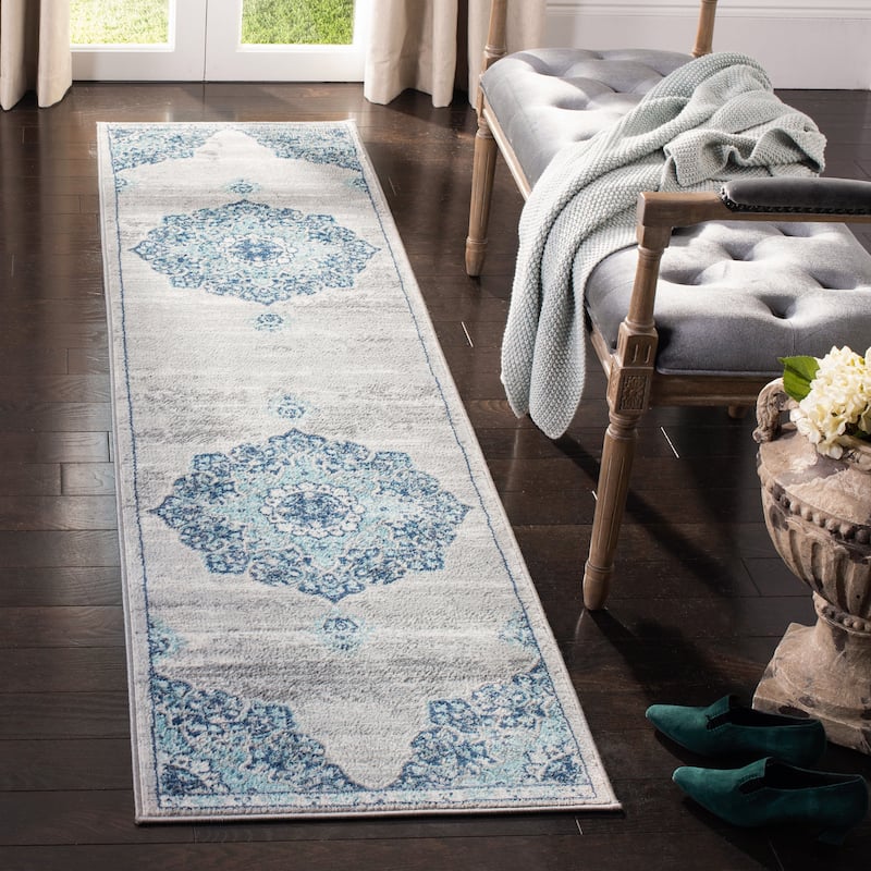 SAFAVIEH Brentwood Kiran Oriental Medallion Rug - 2' x 14' Runner - Navy/Light Grey