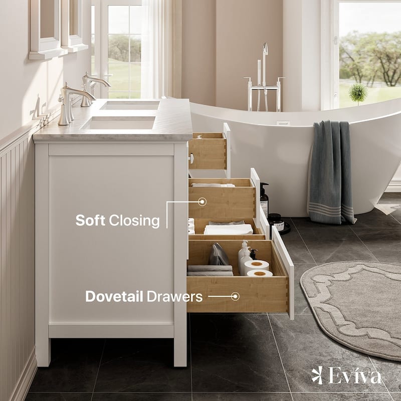Eviva Britney 48"W x 22"D White Double Sink Vanity with White Carrara Quartz Vanity Top and Rectangular Undermount Sinks - 48