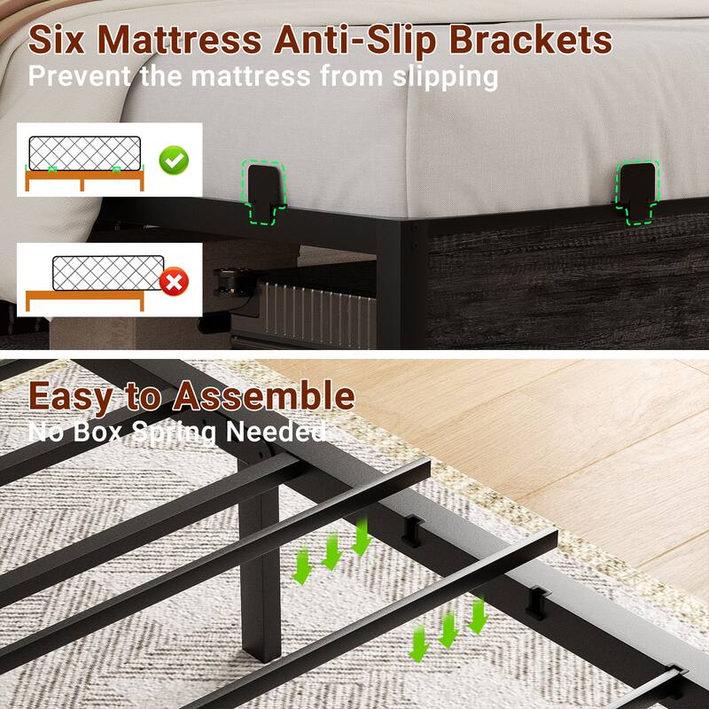 Storage Headboard Platform Bed Frame with Charge Station and LED Light