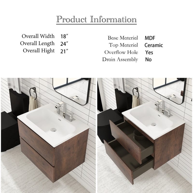 24 inches Wall-mounted Bathroom Vanity Set with White Ceramic Integrated Sink - 24" x 18"