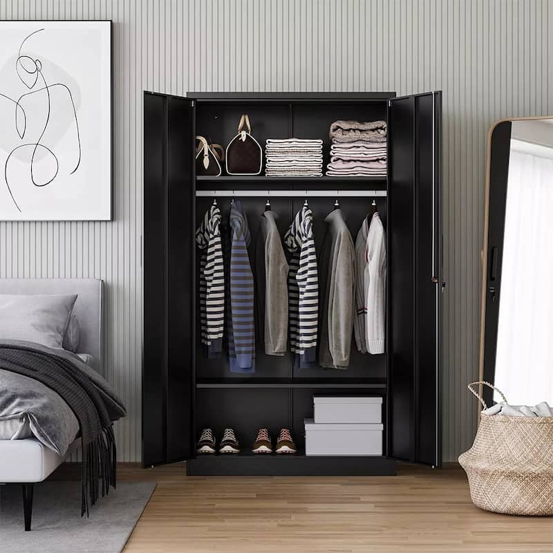 Metal Armoire, Wardrobe Cabinet with Hanging Rod and 1 Shelf Metal Storage Locker Clothes Organizer Closet - 70"H