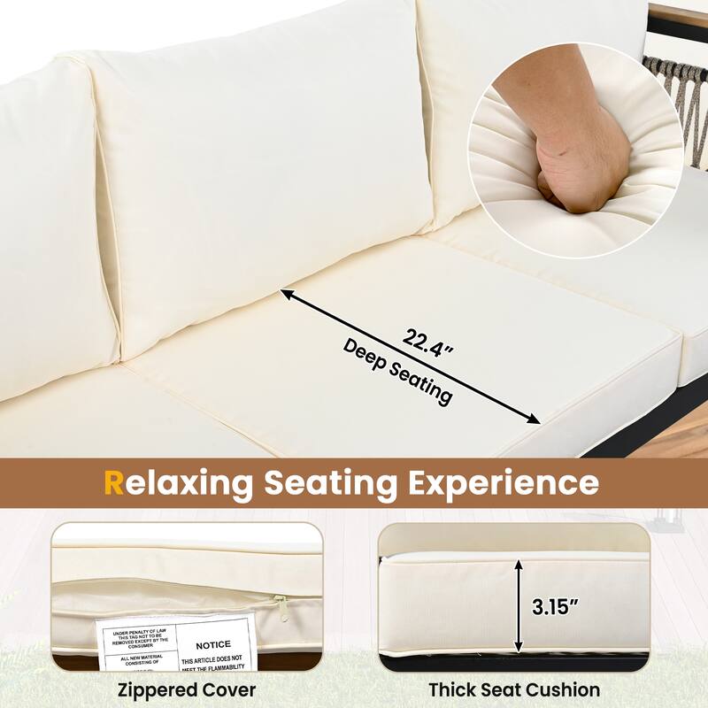 4 Pieces Outdoor Sectional Sofa Set 5 Person Patio Woven Rope Conversation Sofa Set with Removable Cushions and Coffee Table