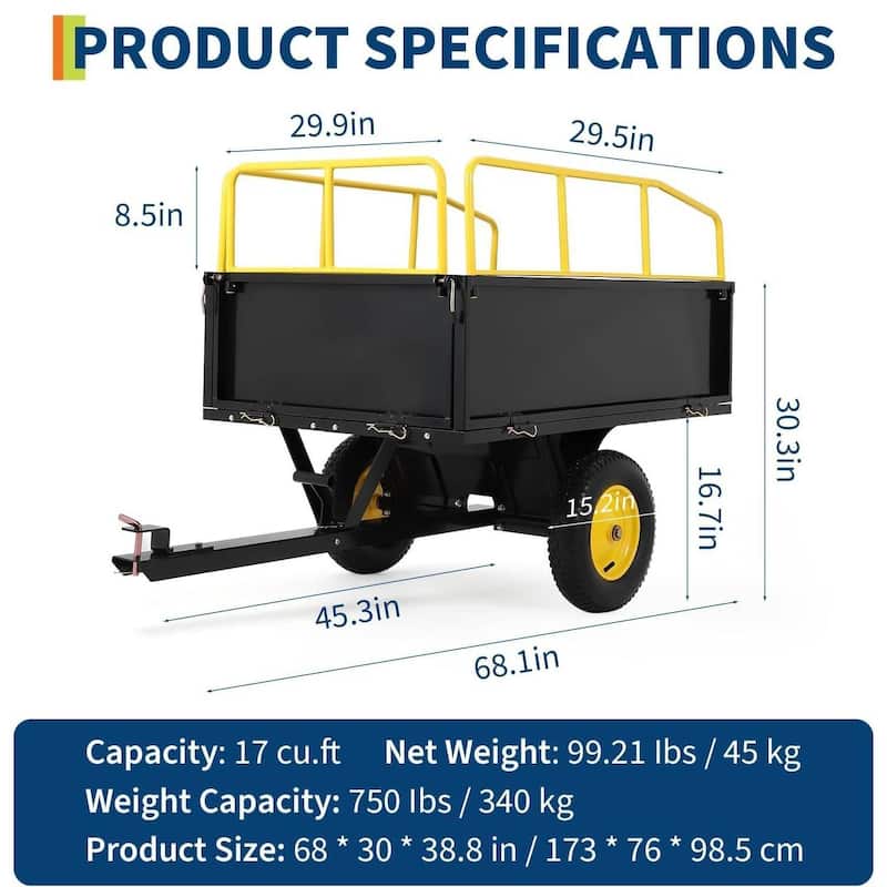 Heavy Duty 750 lbs Steel ATV Dump Trailer, Yard Utility Cart for Lawn Mower, Tractor