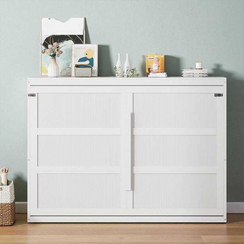 Modern Queen Size Murphy Bed with LED Lights, Wall Bed Cabinet with Wooden Slats, Space-Saving Foldable Design - White - Queen