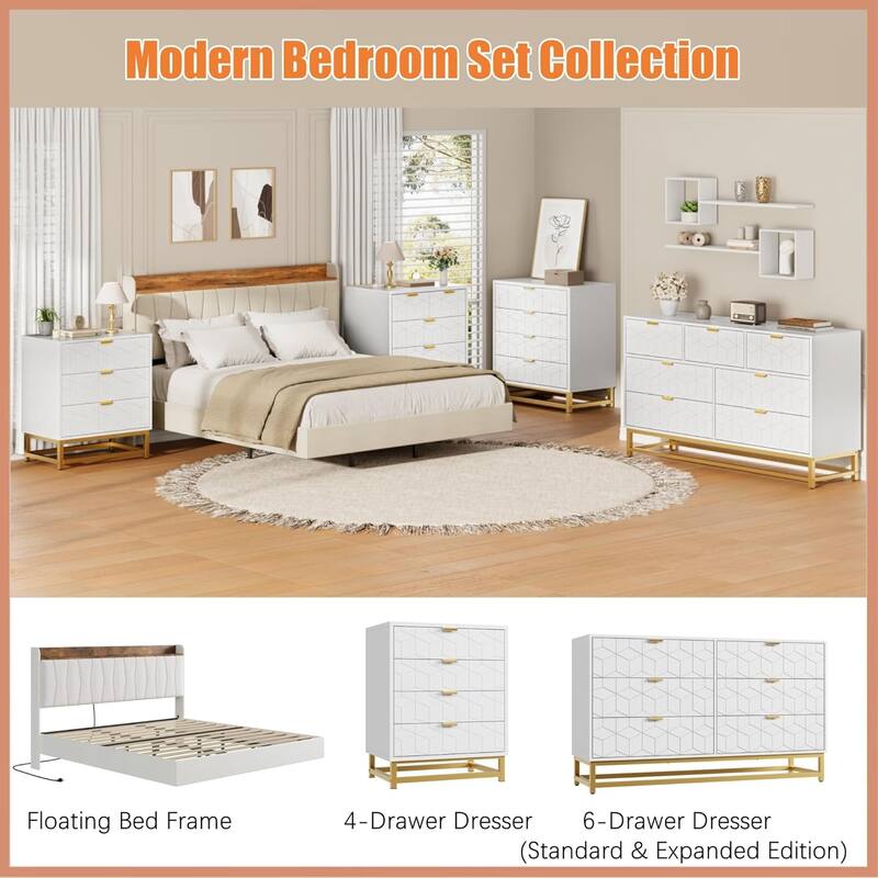 6 Drawer Dresser for Bedroom, Wide Chest with Storage Drawers and Metal Legs for Living Room or Entryway