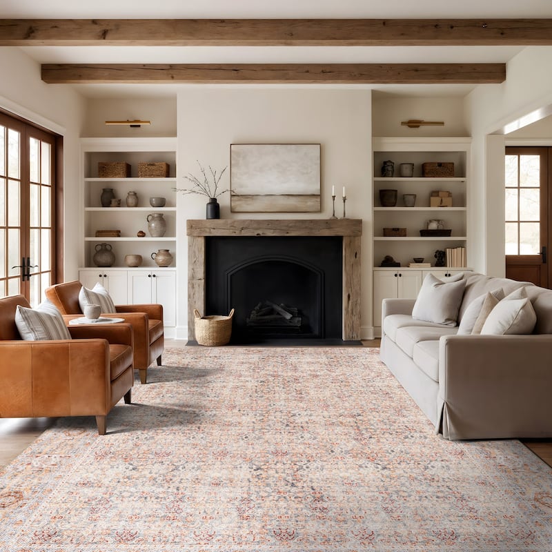 Terracotta Floral Washable Rug - Allover Pattern, Flat Pile - 9' x 12'