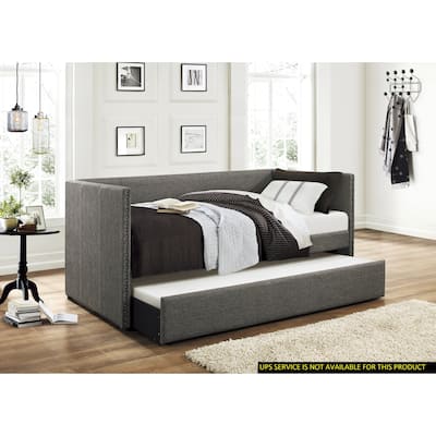 Fabric Upholstered Day Bed with Pull-out Trundle Nailhead Trim Wood Frame Furniture