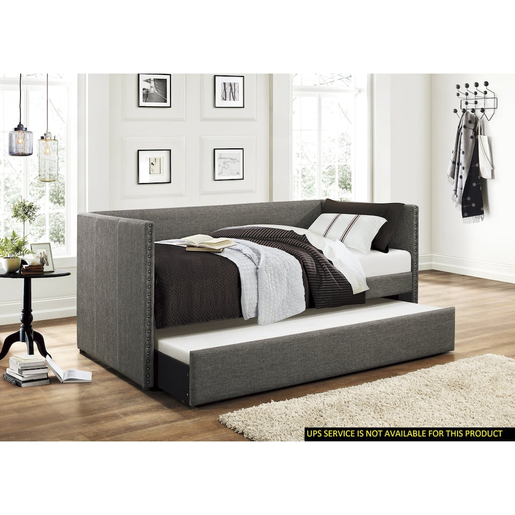 Fabric Upholstered Day Bed with Pull-out Trundle Nailhead Trim Wood Frame Furniture
