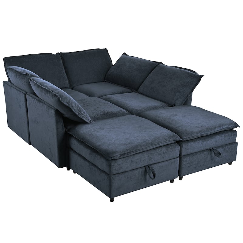 Blue 126" U-Shaped 6 Seater Modular Sofa with Ample Storage, Double Cushions and Customizable Arrangement