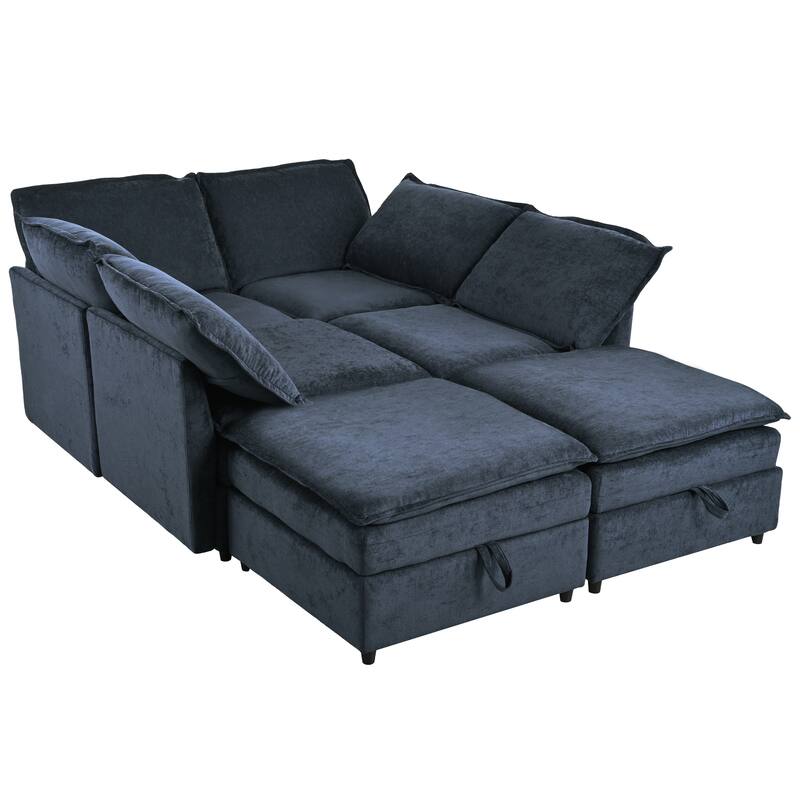 Modular 6-Piece Sofa Bed with Storage, Faux Double-Layer Cushions