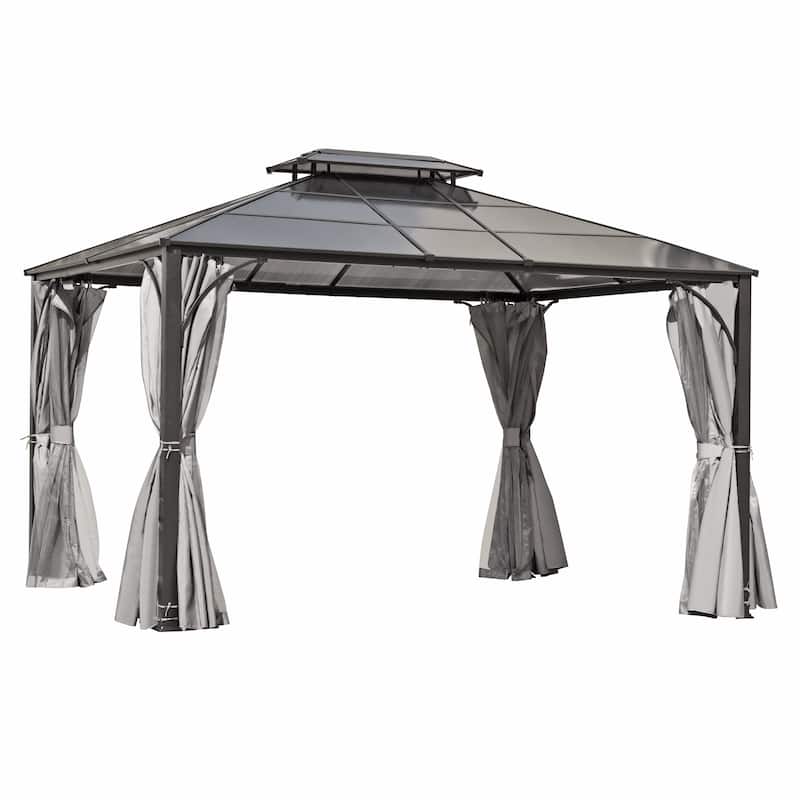 10'x12' Hardtop Double Roof Patio Gazebo with Double-Layer Side Walls, Mosquito Netting & Privacy Curtains