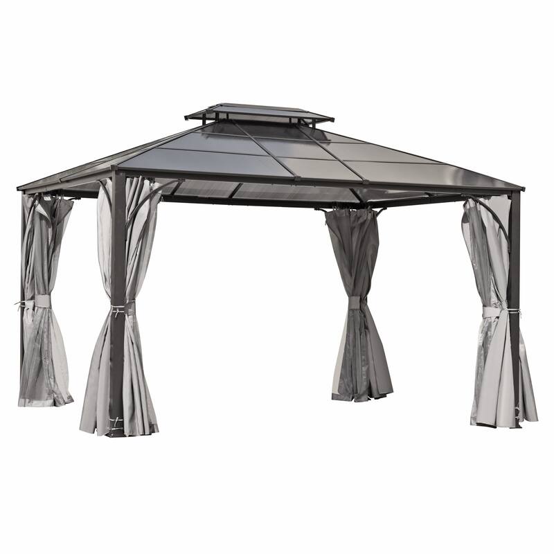 10'x12' Outdoor Aluminum Frame Hard Top Gazebo, Heavy Duty Double Roof Patio Gazebo with Mosquito Netting & Privacy Curtains