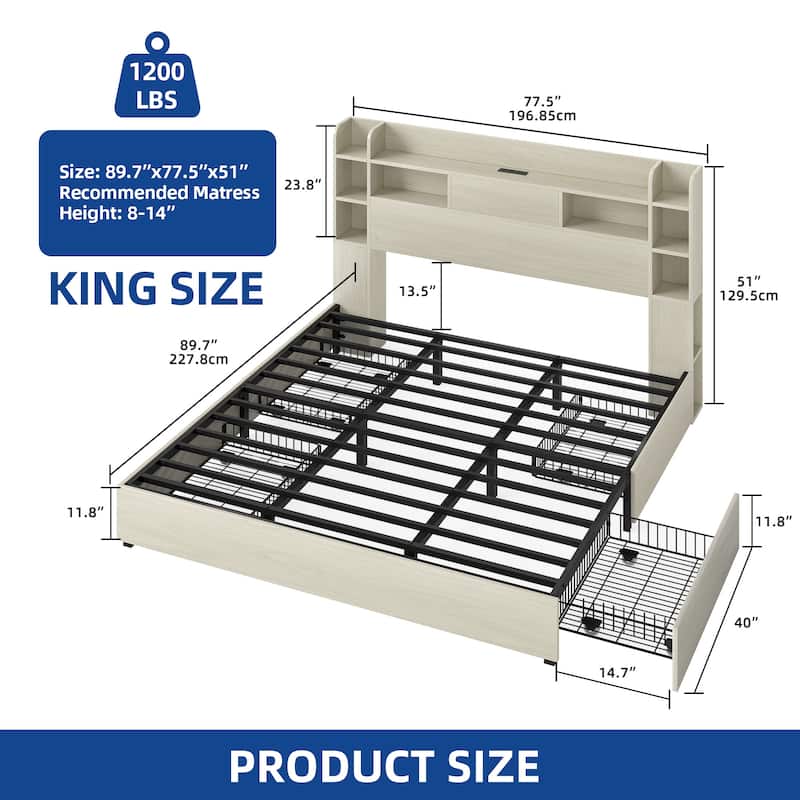 Queen/King Size LED Bed Frame with Bookcase Headboard, 4 Storage Drawers and Charging Station