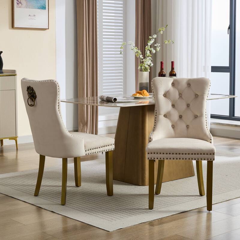 Velvet Dining Chairs Set of 2, Tufted Dining Chairs with Nailhead Trim, Kitchen Chairs with Lion Head Pulls Ring & Wooden Legs