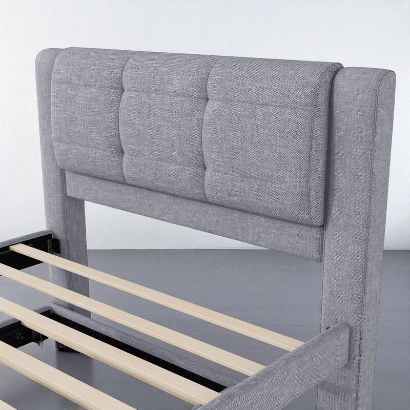 Full Size Upholstered Platform Bed with Adjustable Trundle, Linen Headboard, No Box Spring Needed