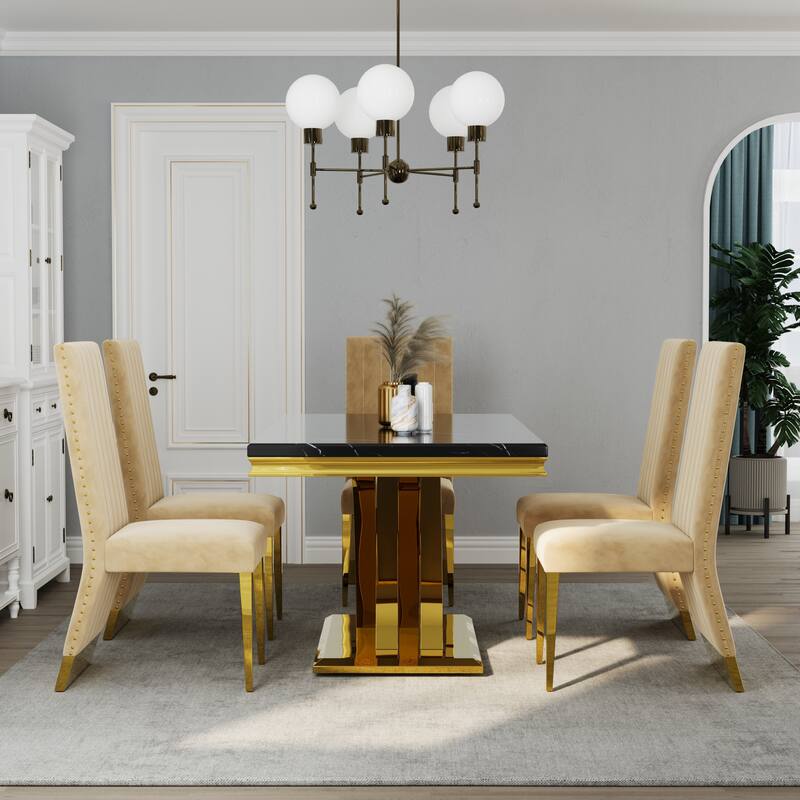 Stylish Modern X Cross Base Dining Room Table Set with Gold Dining Chairs