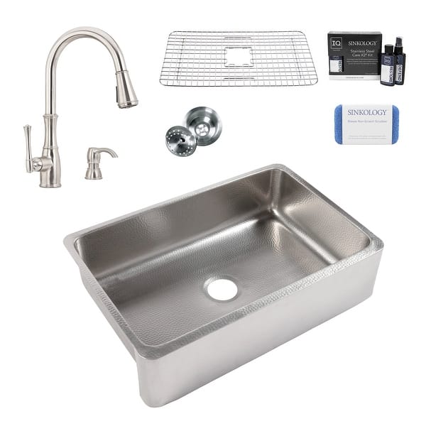 slide 2 of 7, Lange Crafted Stainless Steel 32" Single Bowl Farmhouse Apron Kitchen Sink with Wheaton Faucet Kit