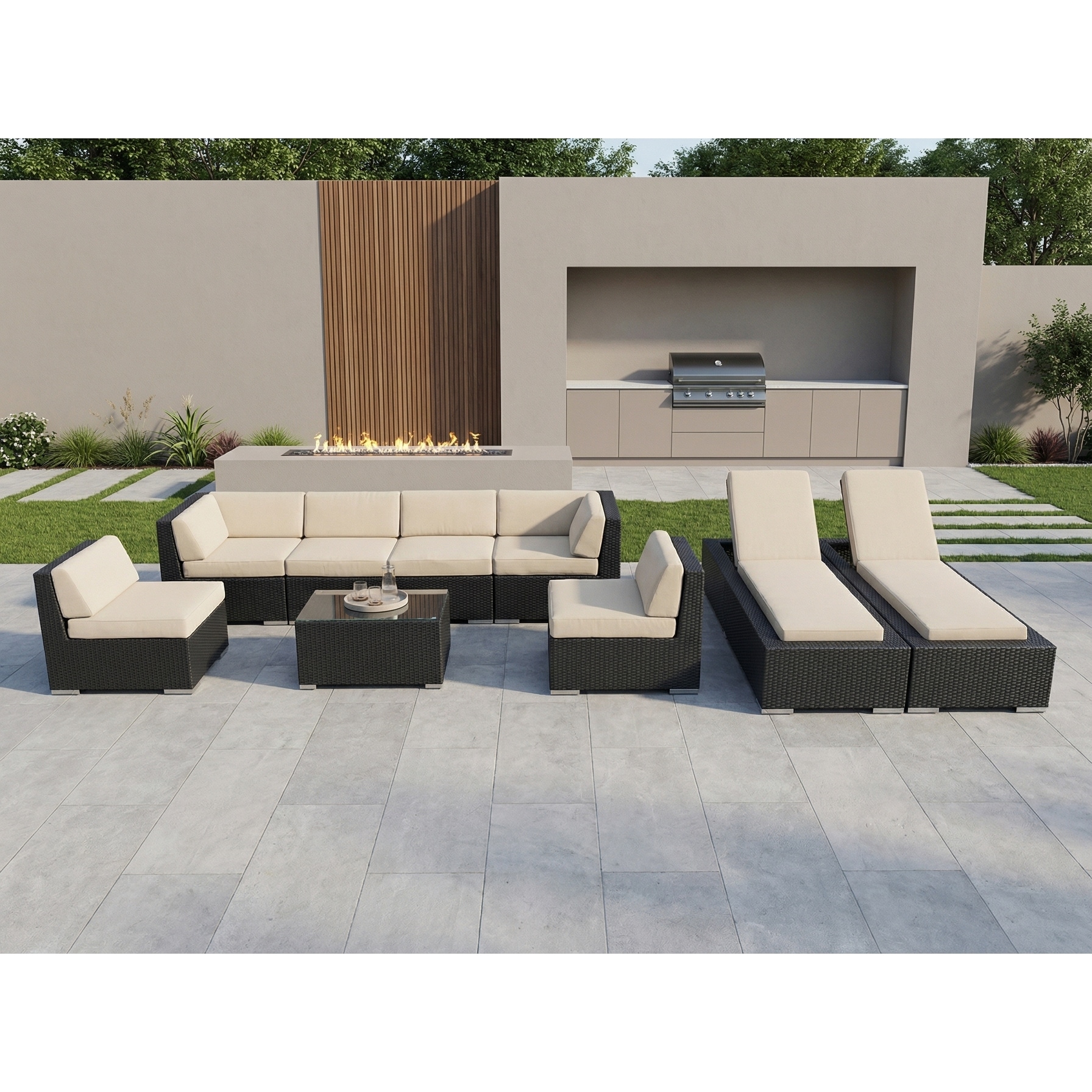 Ohana Outdoor Patio 9 Piece Black Wicker Sofa and Chaise Lounge Set - No Assembly