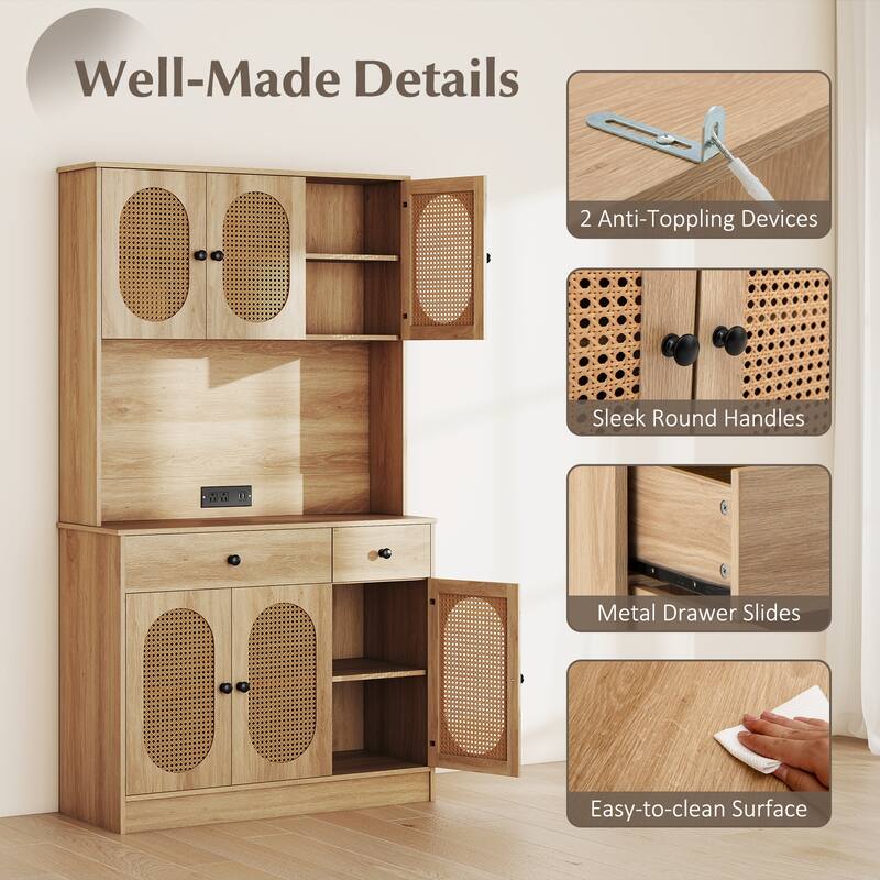 Gymax Kitchen Pantry Cabinet w/ Charging Station 71'' Tall Kitchen - Natural