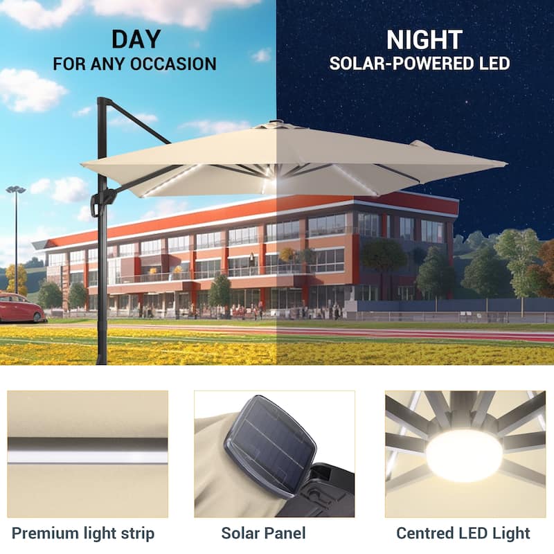 LIVOOSUN 11.5x9FT LED Cantilever Patio Umbrella Solution-Dyed Fabric w/Base