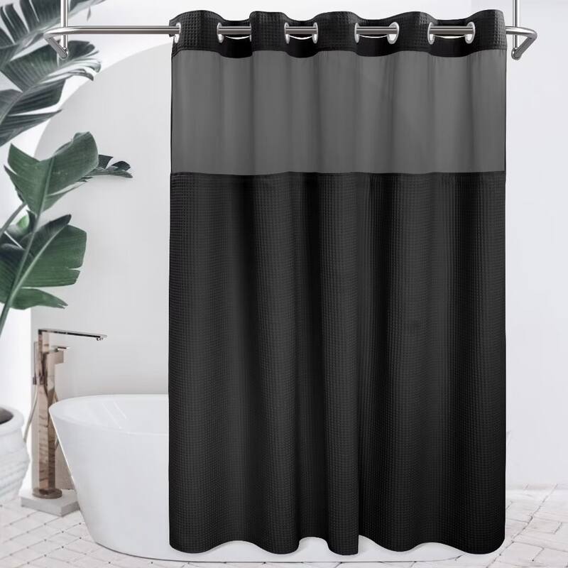 Cotton Blend Honeycomb Waffle Weave Shower Curtain with Snap-in Liner