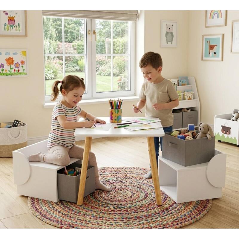 Kids Table and 2 Chair Set with Storage Bins, 3-Piece Toddler Activity Play Table for Arts & Crafts, Reading, Drawing