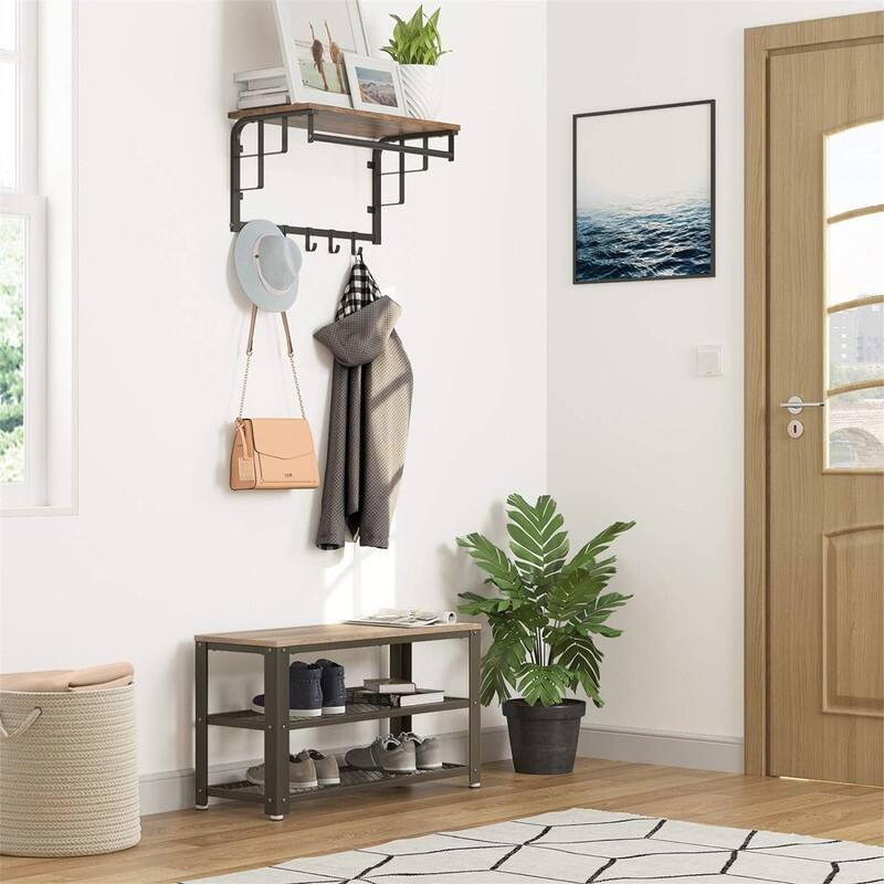 Shelf Storage Bench with Metal Mesh Shelves and Seat Free Standing - 11.8"D x 28.7"W x 17.7"H