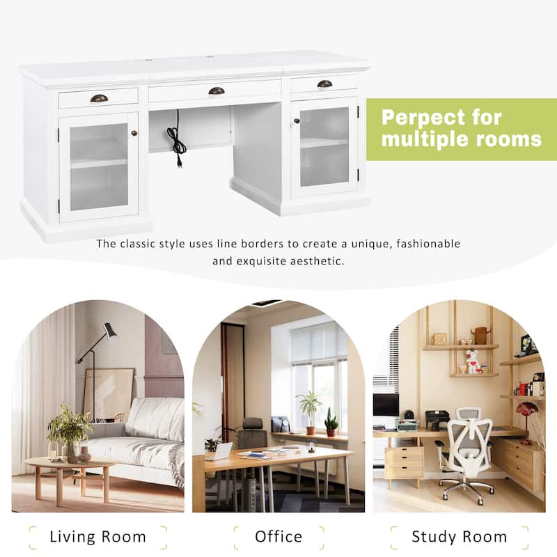 67-Inch Modern Executive Computer Desk with 2 Glass Doors Storage Cabinet & 3 Drawers