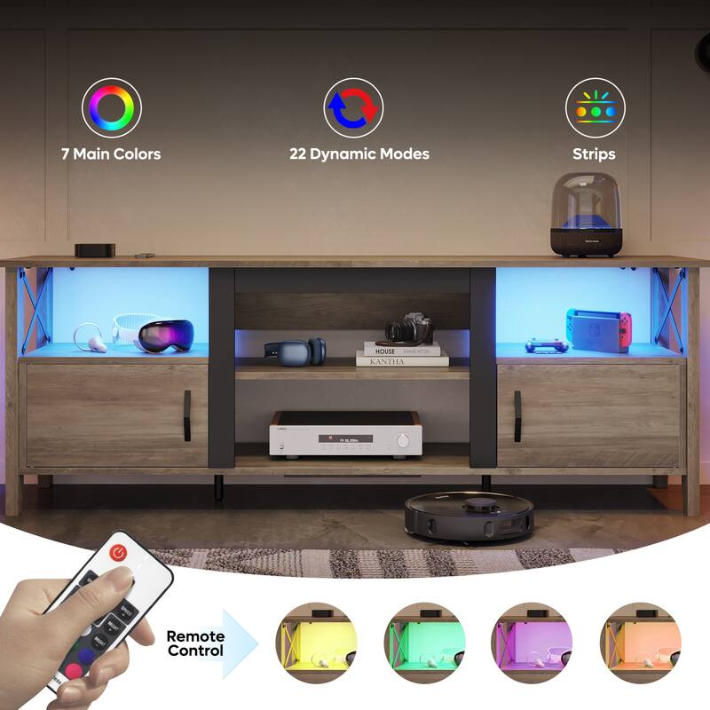 Farmhouse TV Stand for 70 Inch TV with LED Light,63" Tv Console Cabinet with Media Storage