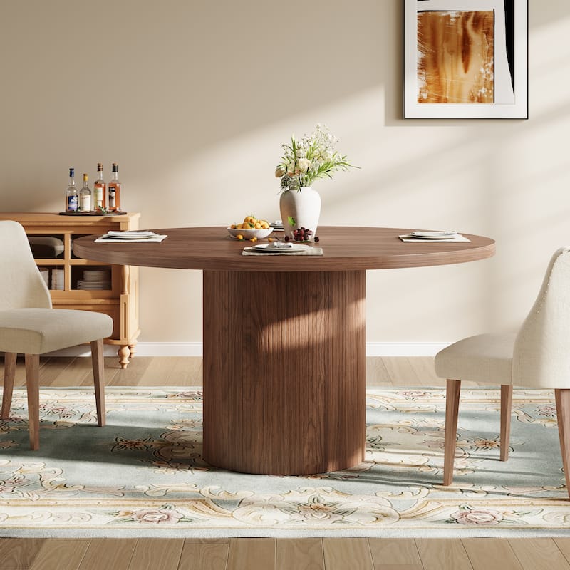 Mid-Century Modern 30"H Round Wood Dining Table for 6, Kitchen Table w/Pedestal - 47”