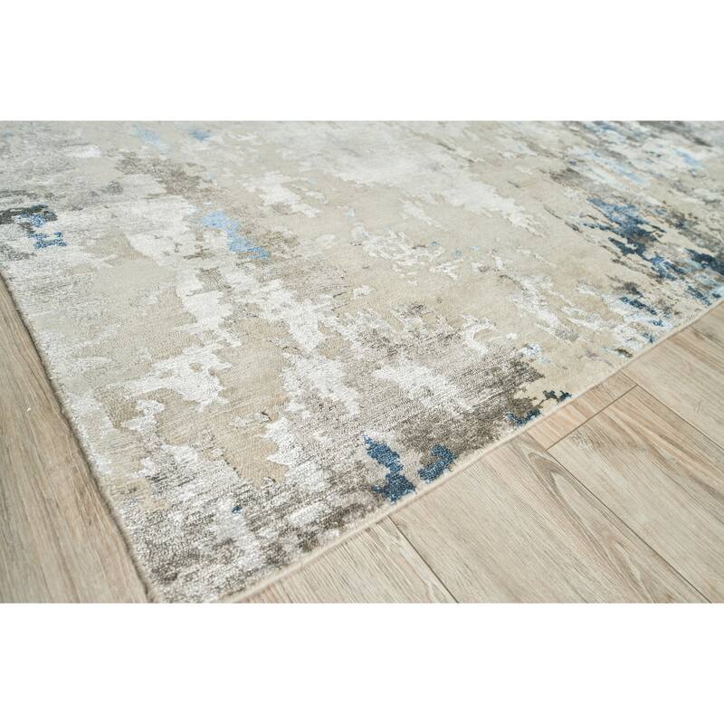 EXQUISITE RUGS Cosmo Hand-knotted Wool/Bamboo Silk Silver/Blue/Ivory Area Rug.