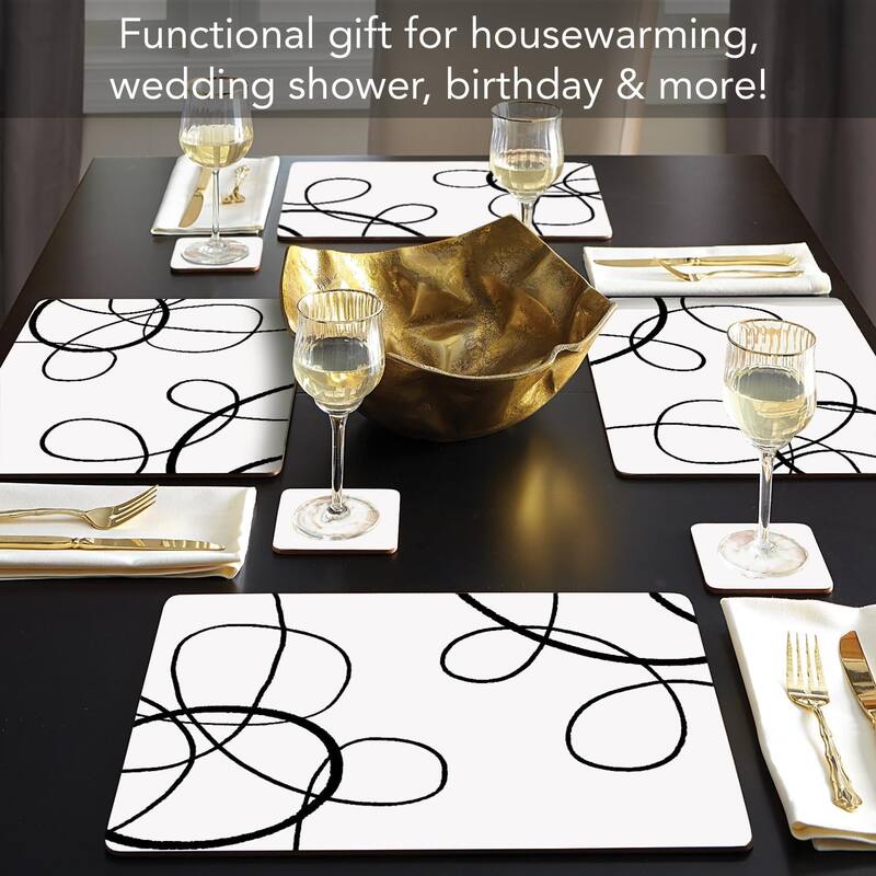Scribble Decorative Hardboard Placemats with Protective Cork Backing 4 Pack Heat Tolerant and Easily Wipes Clean