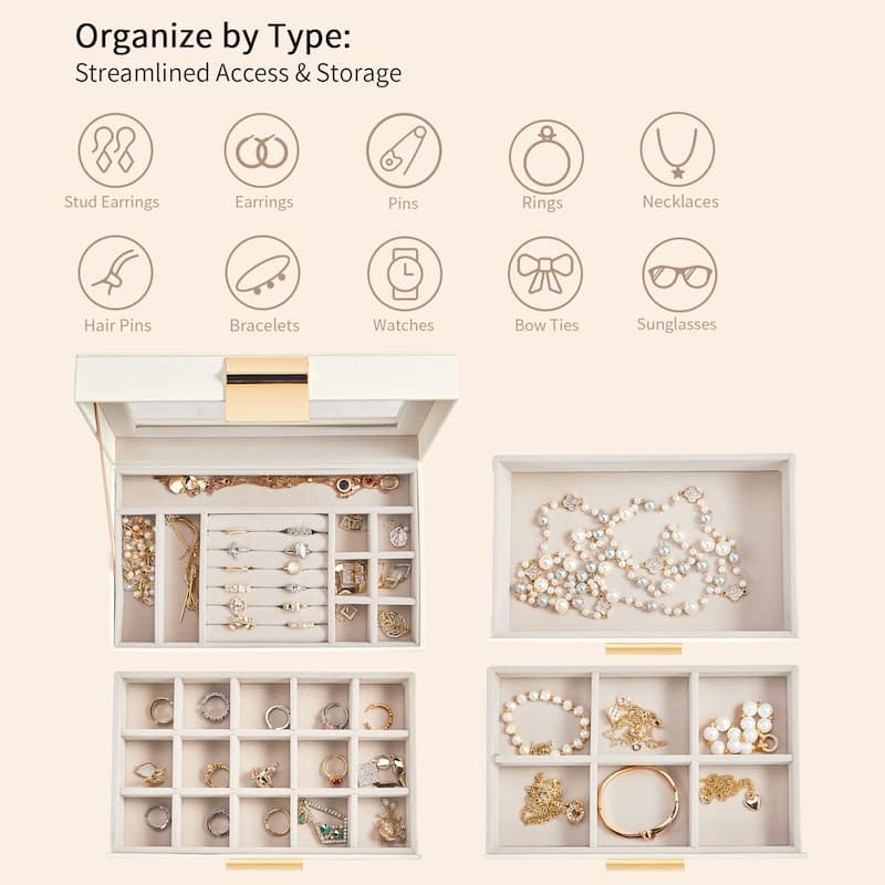 White-Pink Wood Jewelry Box with Velvet Lining and Clear Acrylic Top - 9.9” W x 6” D x 8.5” H