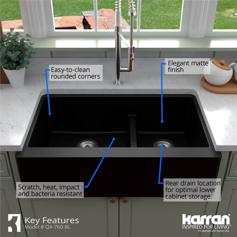Karran Farmhouse/Apron-Front Quartz Double Bowl Kitchen Sink Kit