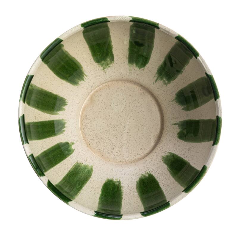 Hand-Painted Stoneware Footed Bowl with Stripes - 10.4"L x 10.4"W x 4.9"H - 10.4"L x 10.4"W x 4.9"H