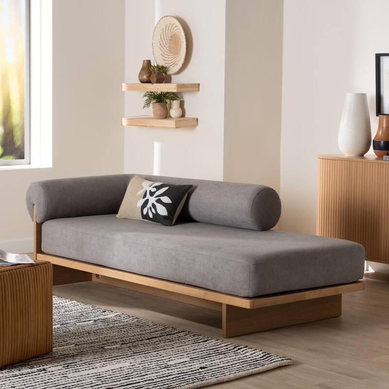 Bertille Left-Arm Chaise Lounge with Solid Wood Base - Minimalist Sofa Daybed with Grey Fabric Cushion and Bolster Pillow