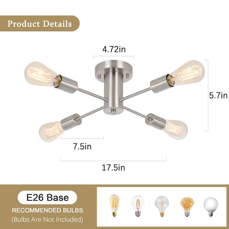 4-Light Modern Semi Flush Mount Chandelier for Bedroom Study Room