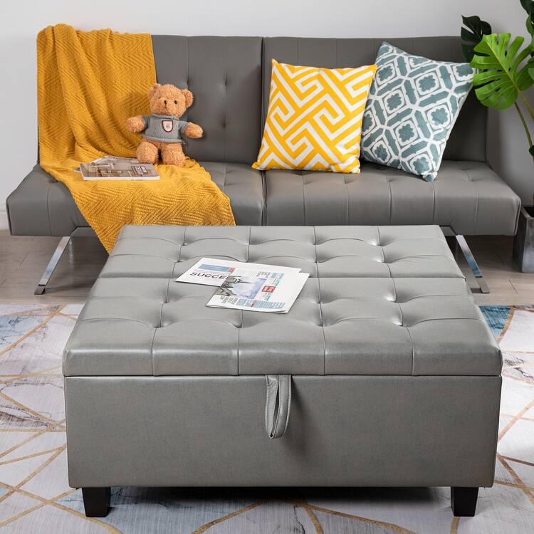 35-Inch Air Leather Tufted Upholstered Lift-Top Ottoman Bench, Large Square Storage Coffee Table for Living Room