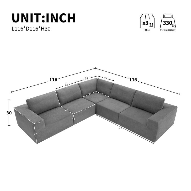 116"x116" Terrycloth Modular Sectional Sofa with 5-Piece L-Shaped Set, No Assembly