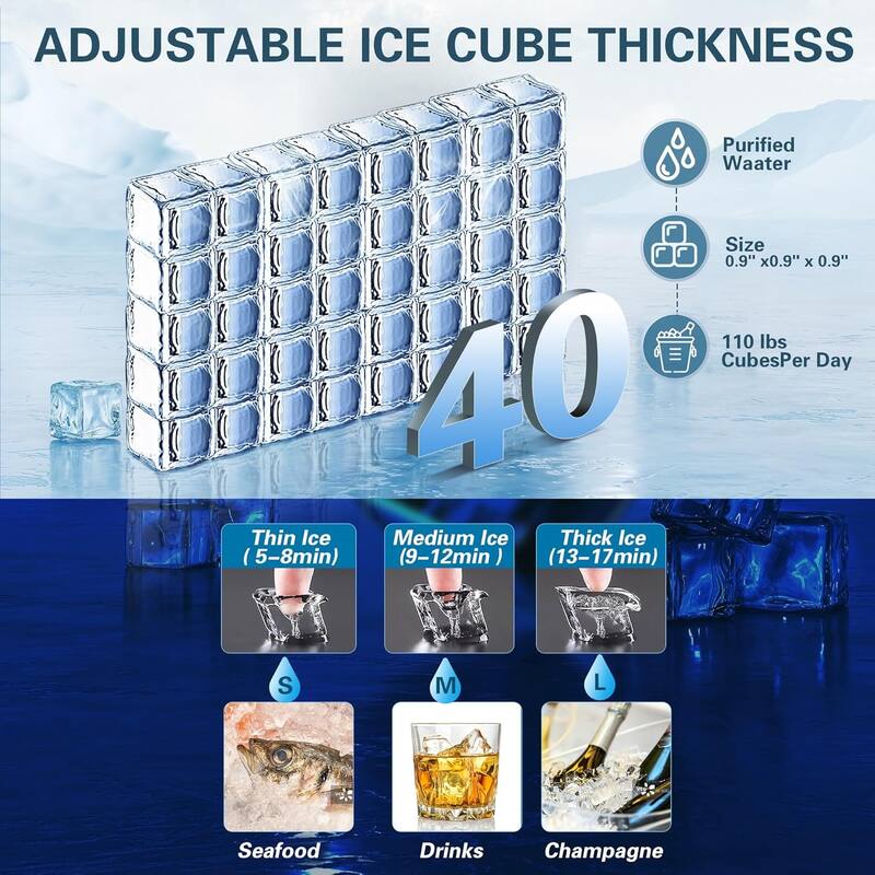 Commercial Ice Maker Machine 110LBS/24H Stainless Steel Freestanding 28LBS Storage Capacity Self-Cleaning 2 Water Inlet Modes