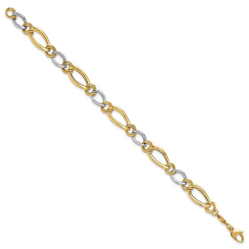 Curata 14k Two tone Gold Polished and Textured Fancy Oval Curb Bracelet 7.5 Inch