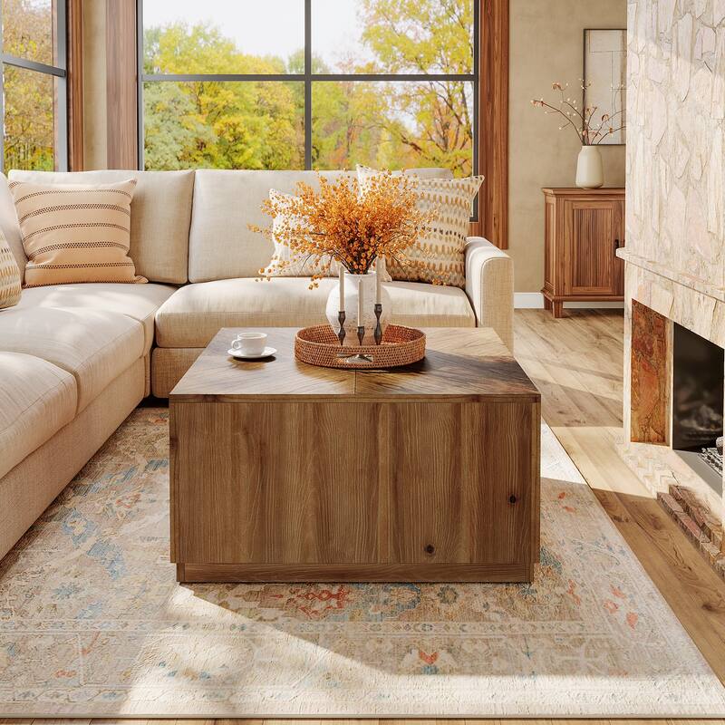 Solid Wood Coffee Table for Living Room, Farmhouse Square Accent Center Cocktail Table