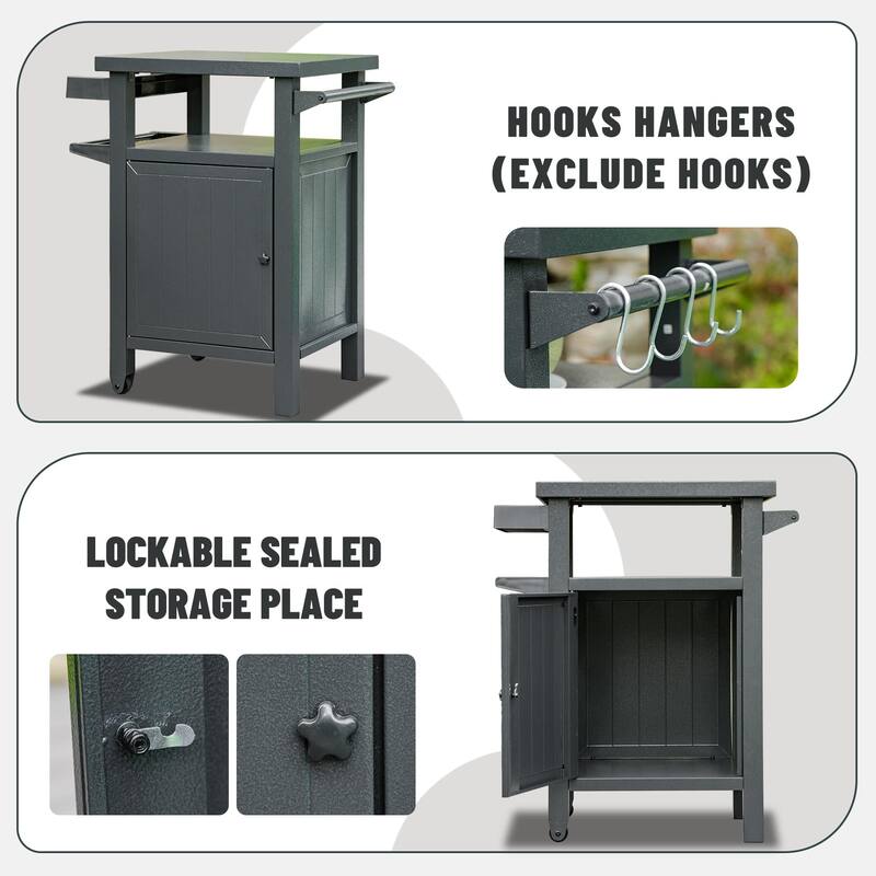 Grill Carts Outdoor with Storage and Wheels, Whole Metal Portable Table and Storage Cabinet for BBQ, Deck, Patio