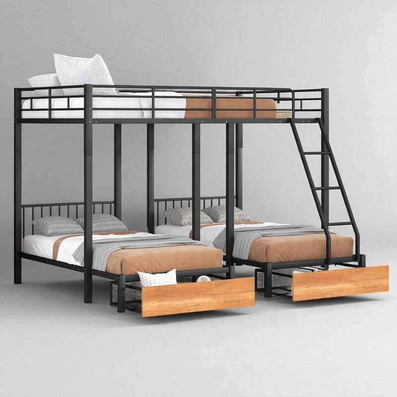 Full Over Twin & Twin Metal Triple Bunk Bed with Guardrails, Storage Drawers and Shelf, Convertible to 3 Beds